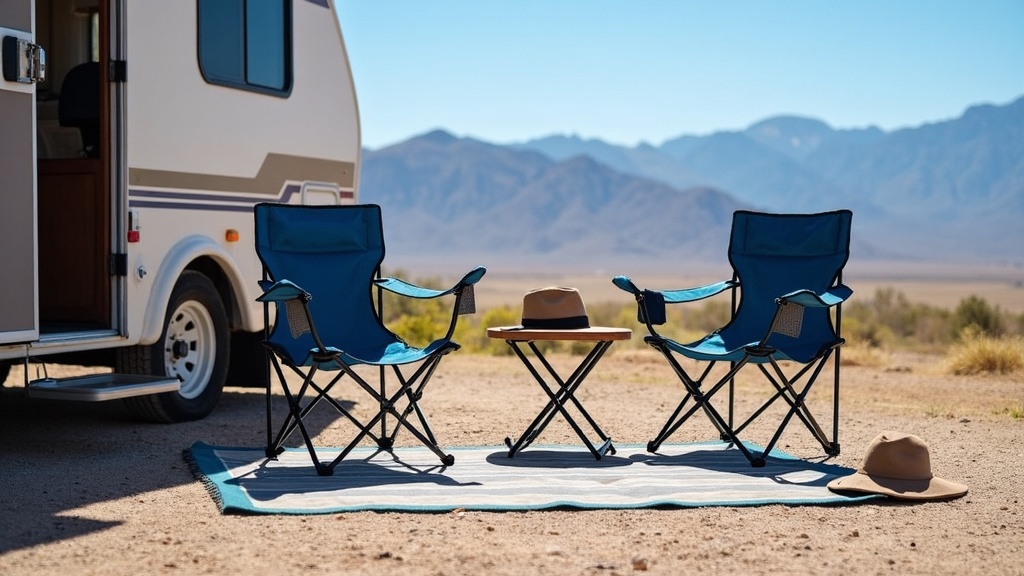 Panoramic scene of a camper van set up for boondocking at dawn by a lake, surrounded by outdoor gear, solar panels, and a calm landscape.