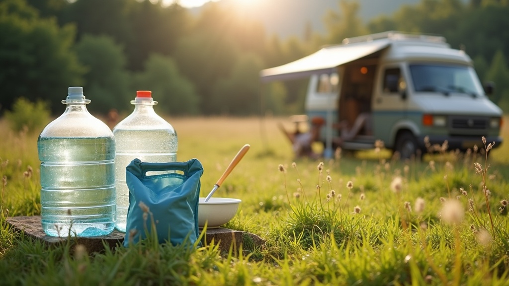 Portable camp chairs, table, outdoor rug, and hat set up outside an RV with mountains in the background and a clear blue sky.
