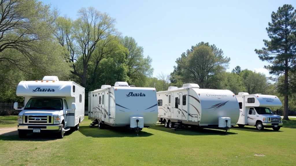 Row of different RV types parked at a campsite, showing variety in size and style