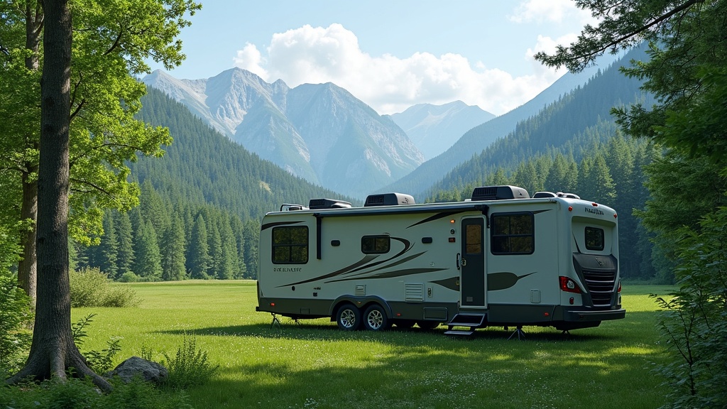 RV camped in scenic nature, surrounded by forest and mountains