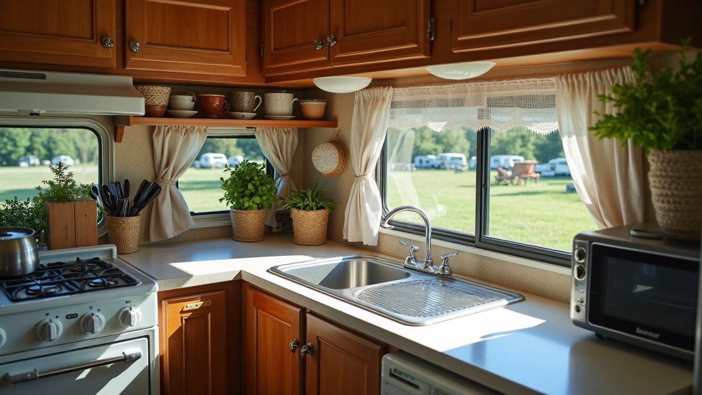 RV kitchen with compact appliances, neat organization, and a window looking out on a campground