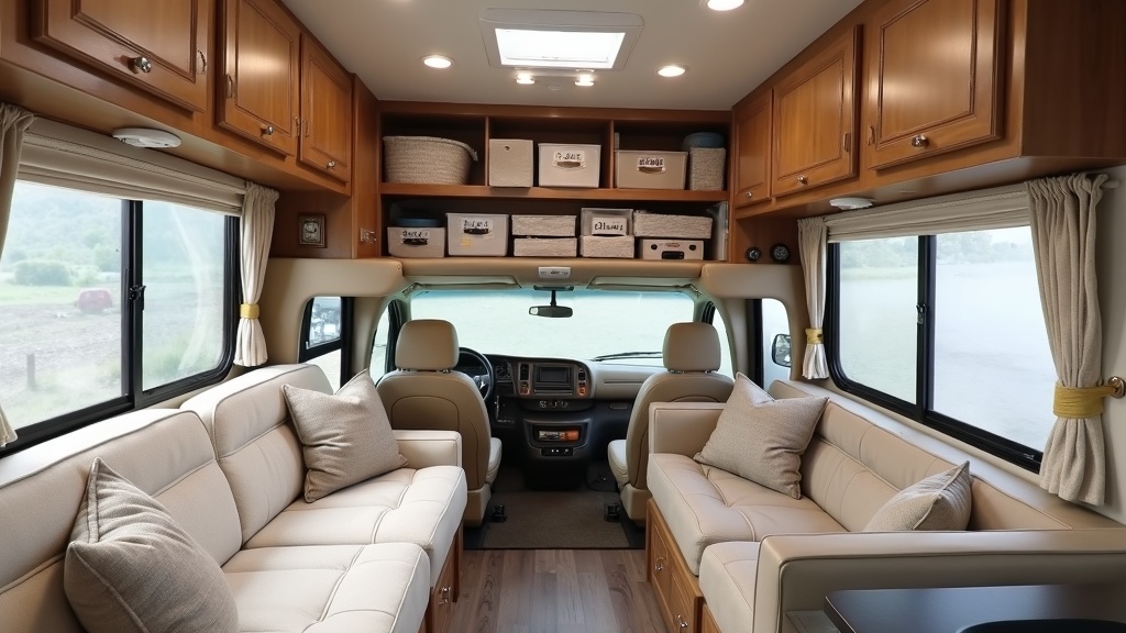 RV parked with awning out, surrounded by organized outdoor living setup, chairs, and storage bins