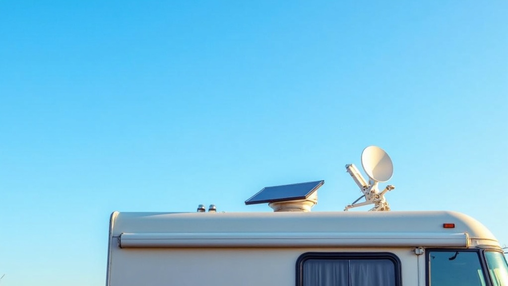 RV roof with solar panels and satellite internet equipment under clear blue sky