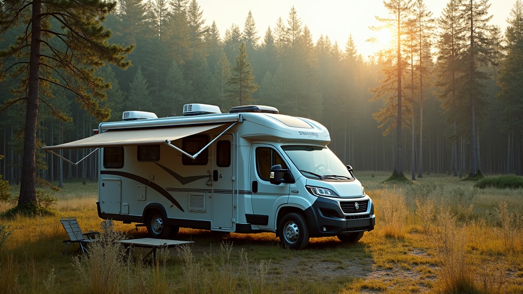 RV with solar panels parked by a forest