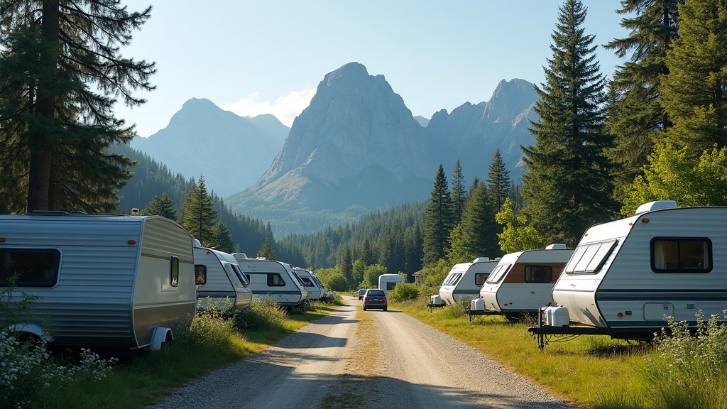 Several types of RVs and travel trailers parked at a scenic campsite among trees