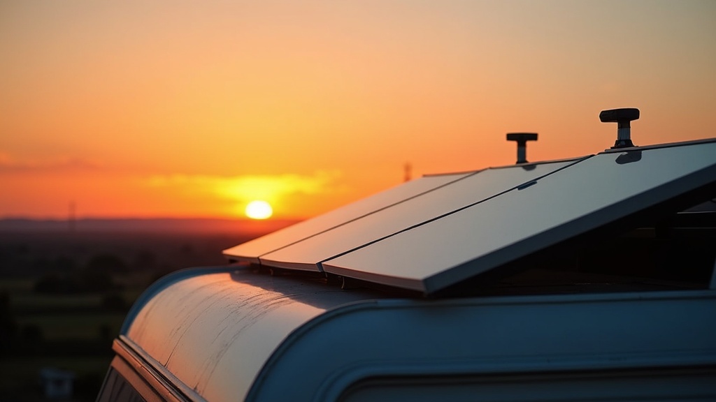 solar panels on an RV roof at sunset
