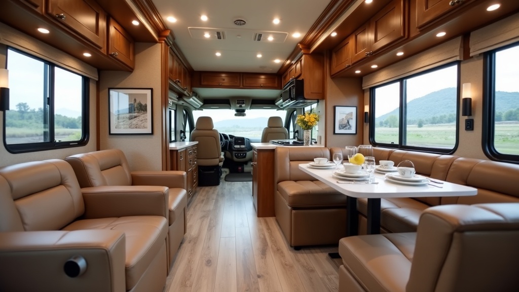 Spacious interior of a luxury RV with leather seating and modern kitchen appliances