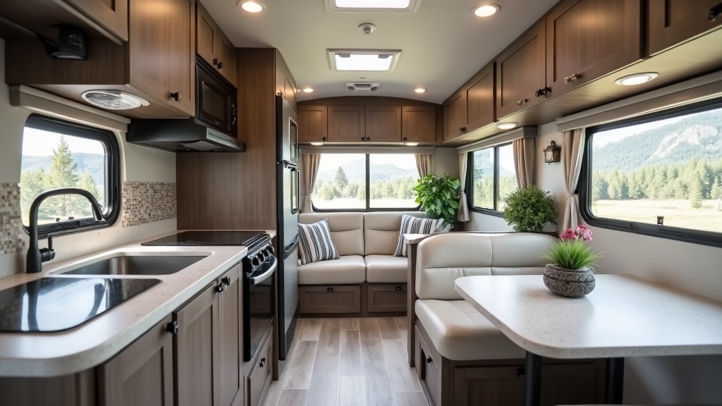 spacious interior of a modern RV focusing on kitchen and living area for full time living