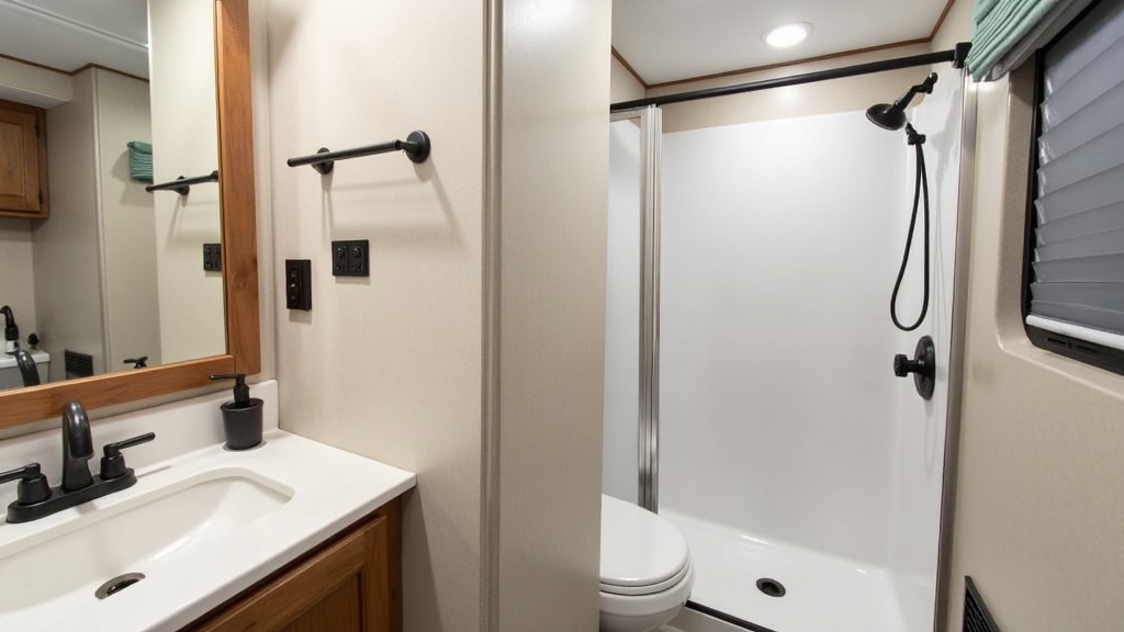 spacious RV bathroom with separate shower and modern fixtures