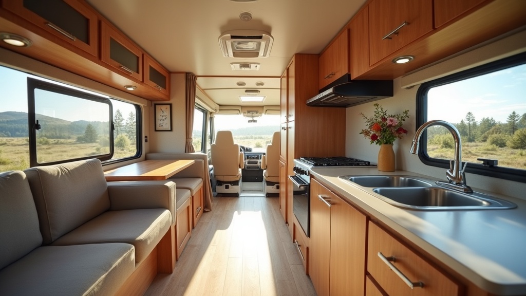 Spacious RV interior with modern kitchen and cozy seating area