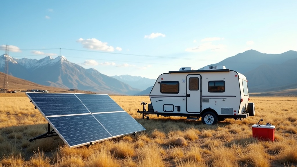 Water jugs, solar shower bag, biodegradable soap, and dishwashing basin by a camper van parked in a wild grassy meadow.
