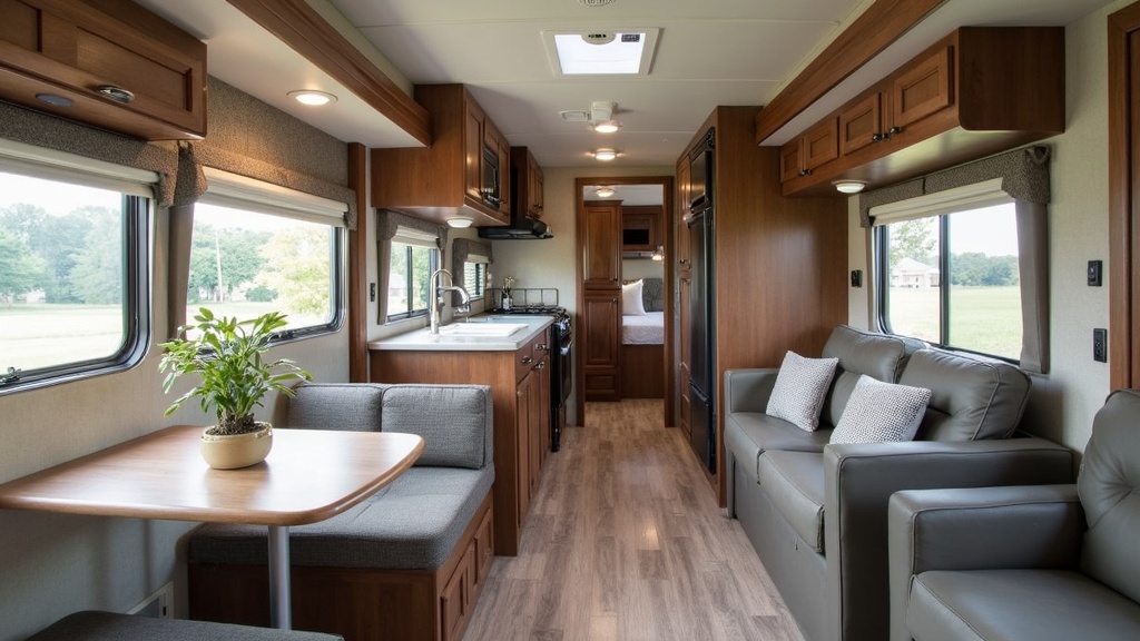 well-lit RV living room and kitchen showing cozy seating and modern finishes
