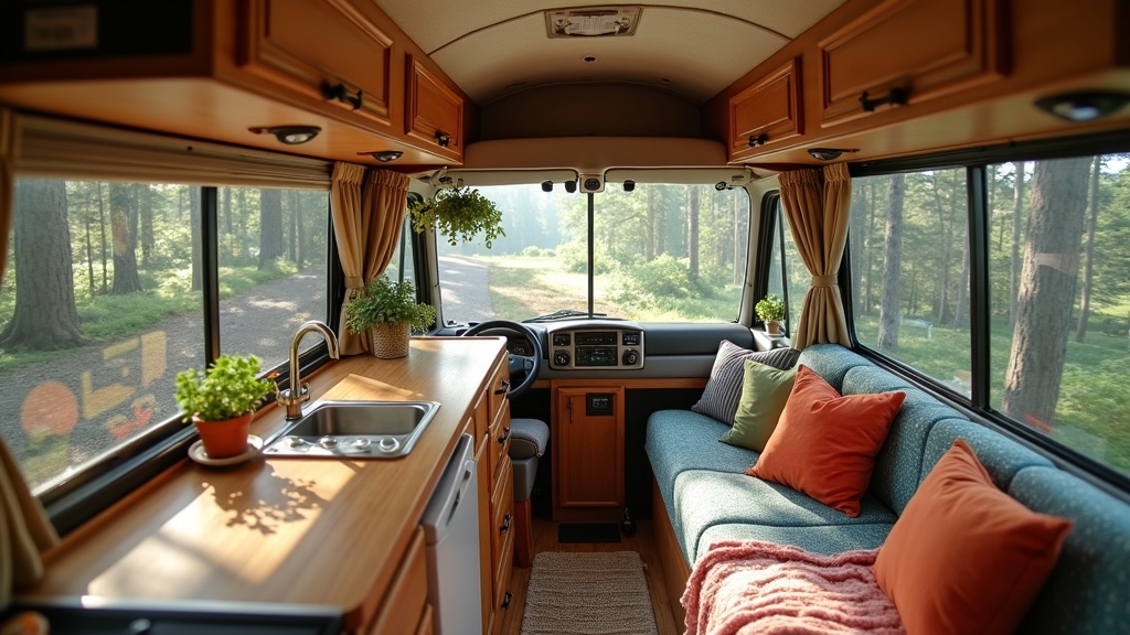 A cozy RV interior with a small kitchen, open windows, and colorful decor, parked in a scenic forest setting