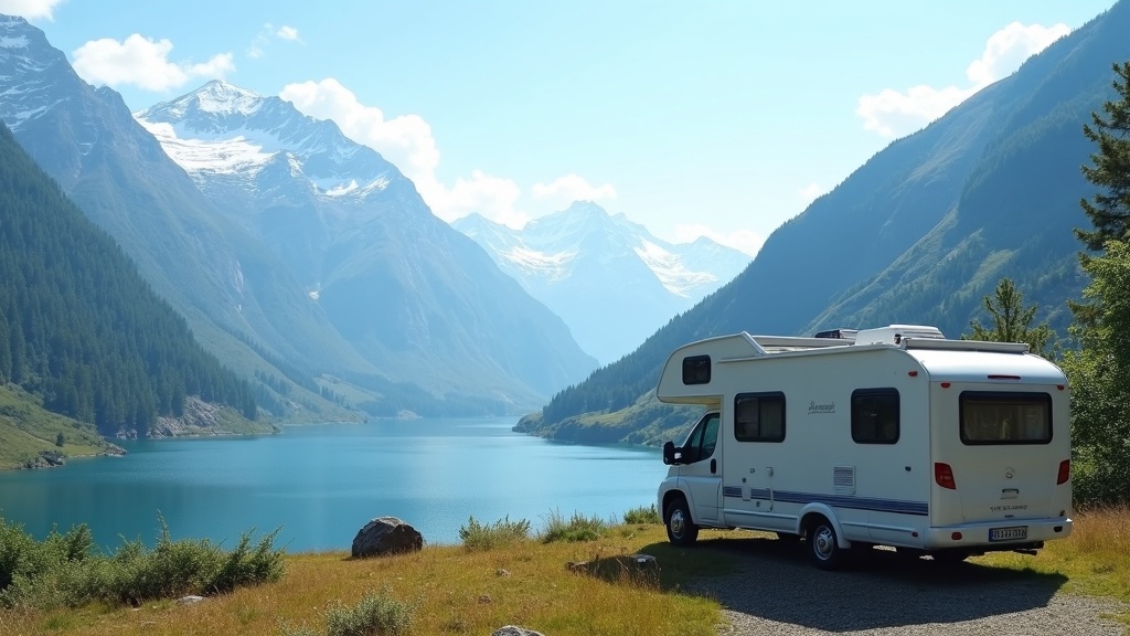 A modern RV parked by a scenic mountain lake under blue skies