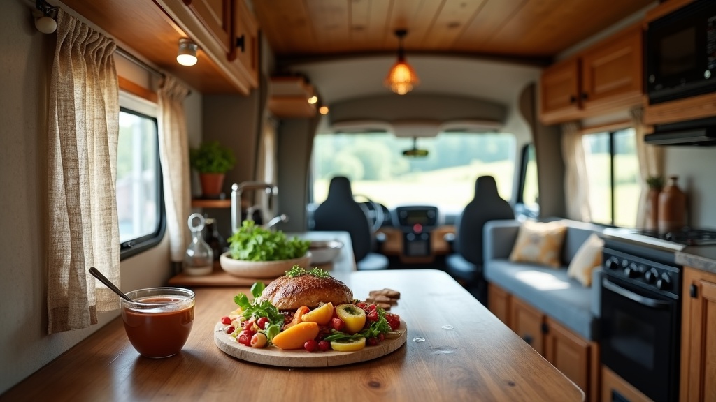 A peaceful campsite at sunset with an RV in the foreground and a campfire burning