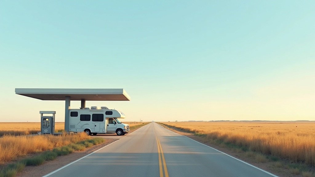 A peaceful sunrise over an RV campsite with a campfire, coffee mug, and nature all around
