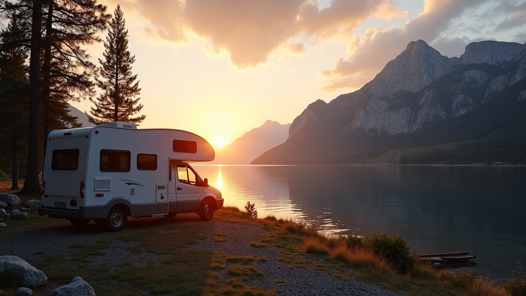 A small RV parked at a beautiful lakeside campsite, surrounded by mountains and trees, with sunset in the background