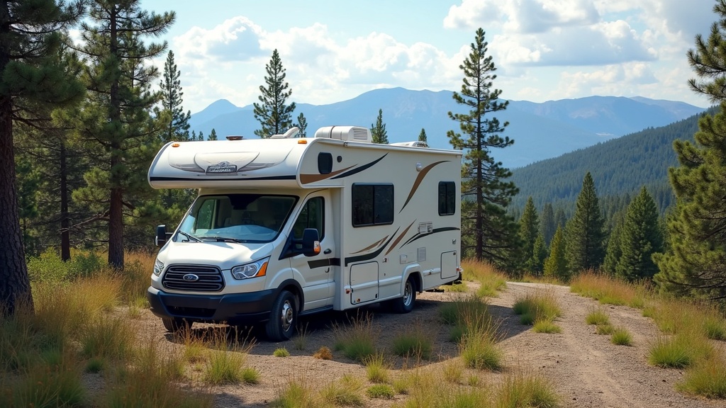 A solar-equipped RV parked in a scenic wilderness area, surrounded by pine trees and distant mountains.