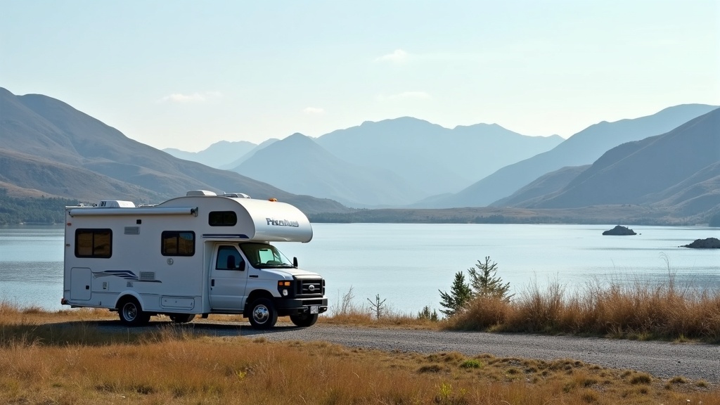 Artwork of an RV parked on level ground beside a scenic lake, with distant hills and minimal signs of human activity.