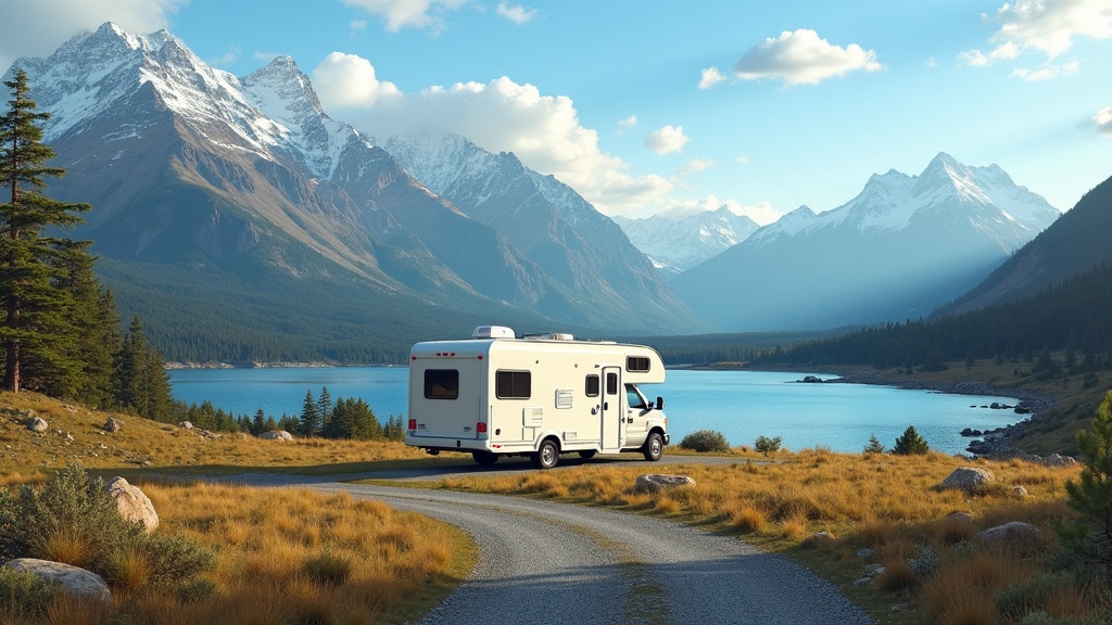 Beautiful RV campsite with mountain backdrop and a serene lake nearby
