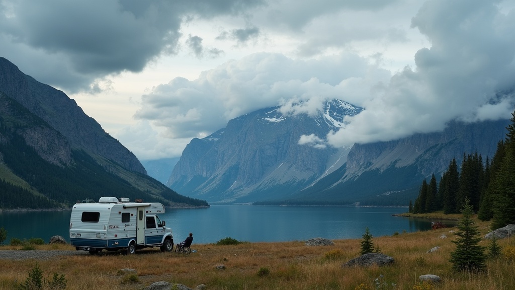 boondocking RV next to lake with mountain backdrop and dramatic clouds