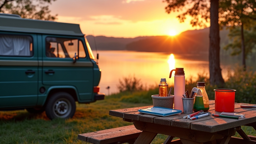 Camper van at sunrise with art and science projects set up outside