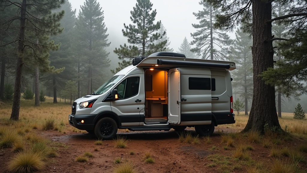 camper van using portable toilet solution in remote wild area