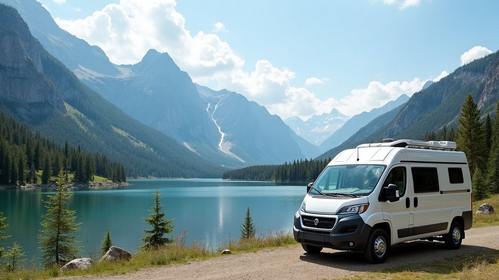 Class B camper van parked near a mountain lake under a clear sky.