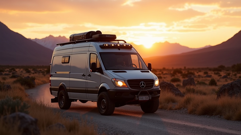Drawing of a rugged campervan with recovery gear on a remote gravel road at sunset, mountains in the background.