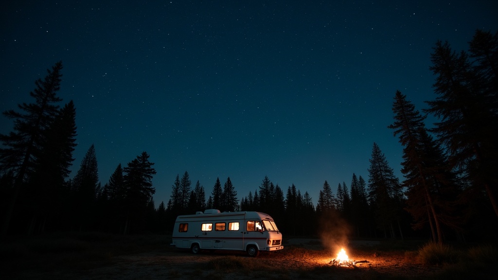 Illustration of an RV parked in a forest clearing under a starry night sky, surrounded by nature, with a distant campfire.