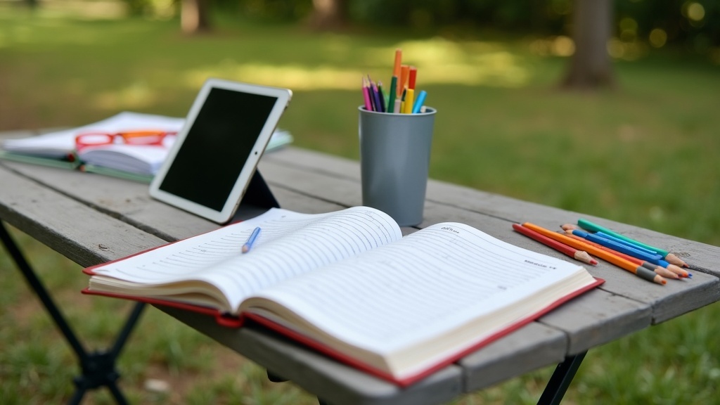 Portable homeschool setup with tablet, books, and paint supplies on a camper foldout table