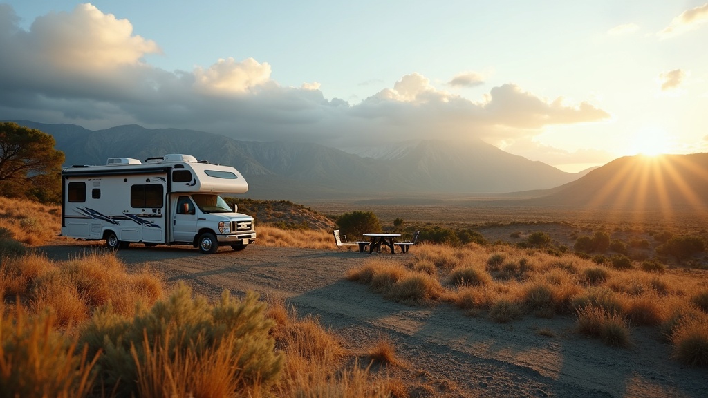 remote RV campsite in nature with solar panels and wild landscape