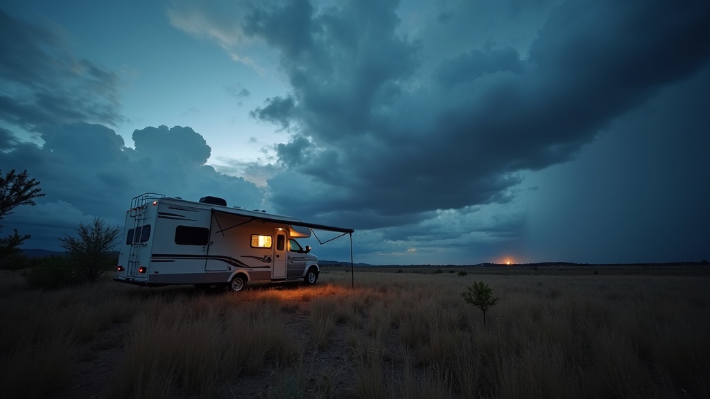RV and trailer in wild area during evening storm with dramatic sky