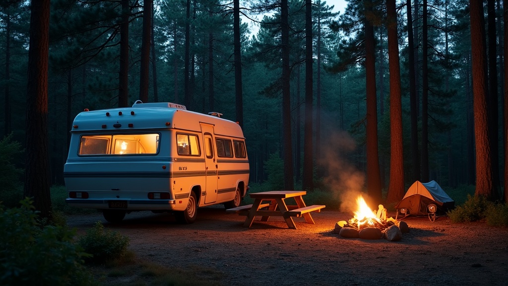 RV at forested campsite with picnic table