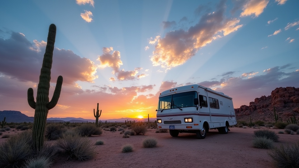 RV boondocking in a desert landscape