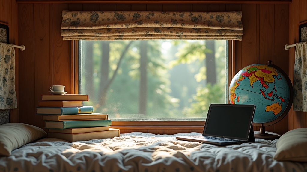 RV by a lakeside with books and globe on a portable table