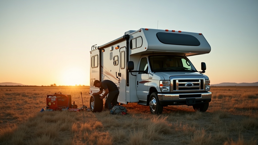 RV mechanic replacing a tire in an open field