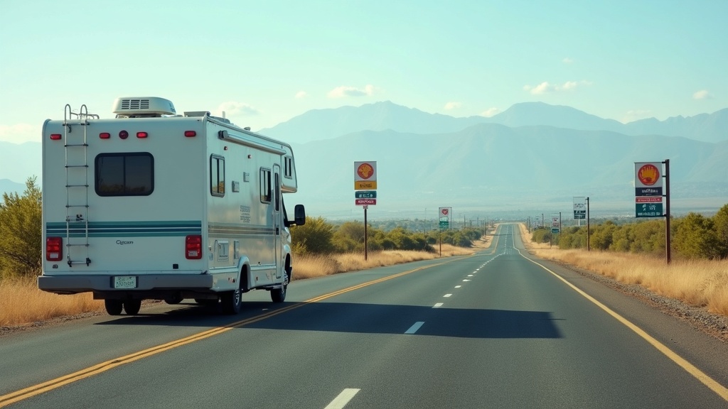 RV parked beside a scenic highway with gas station signs in the background
