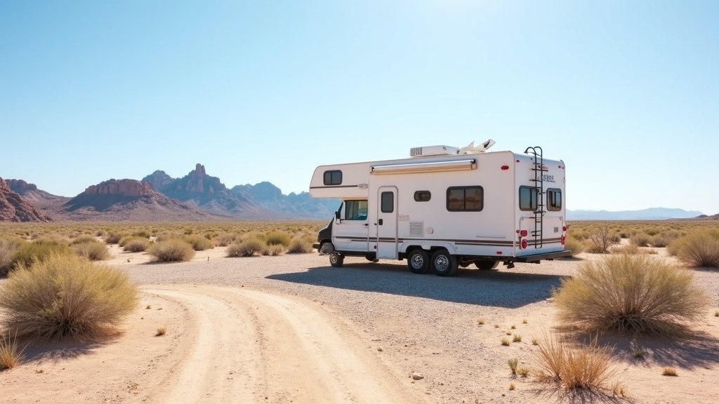 RV set up on gravel in a desert boondocking site