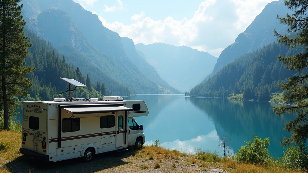 RV with satellite dish and solar panels by a lake