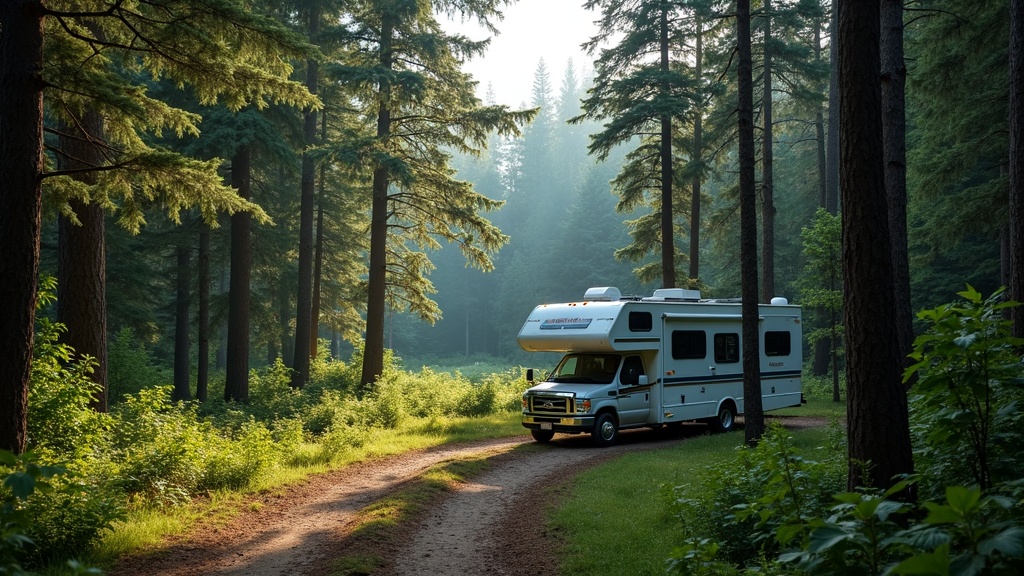 Scenic forest boondocking campsite under a clear sky