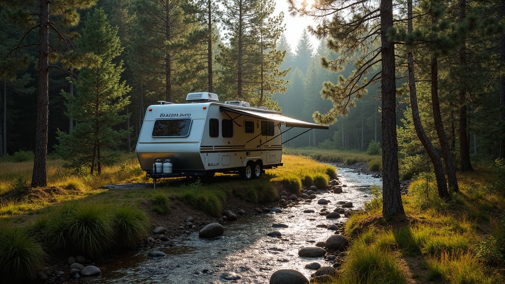 solar panels on RV in a forested boondocking site near a stream
