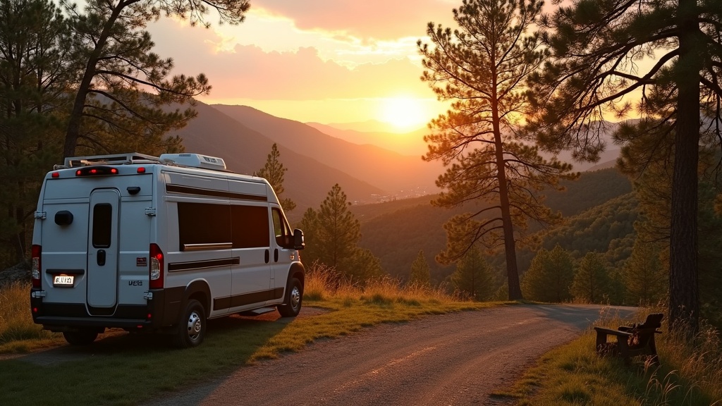 A modern RV parked at sunrise in a scenic campground surrounded by trees and hills.