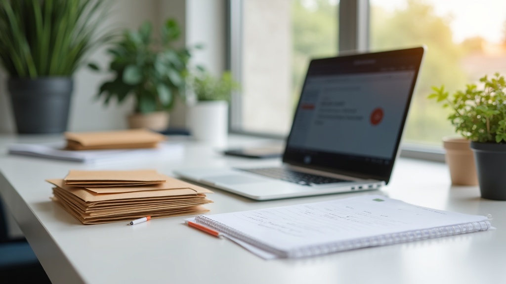 A modern workspace with a stack of envelopes, a virtual mailbox open on a laptop, and decorative plants on the side