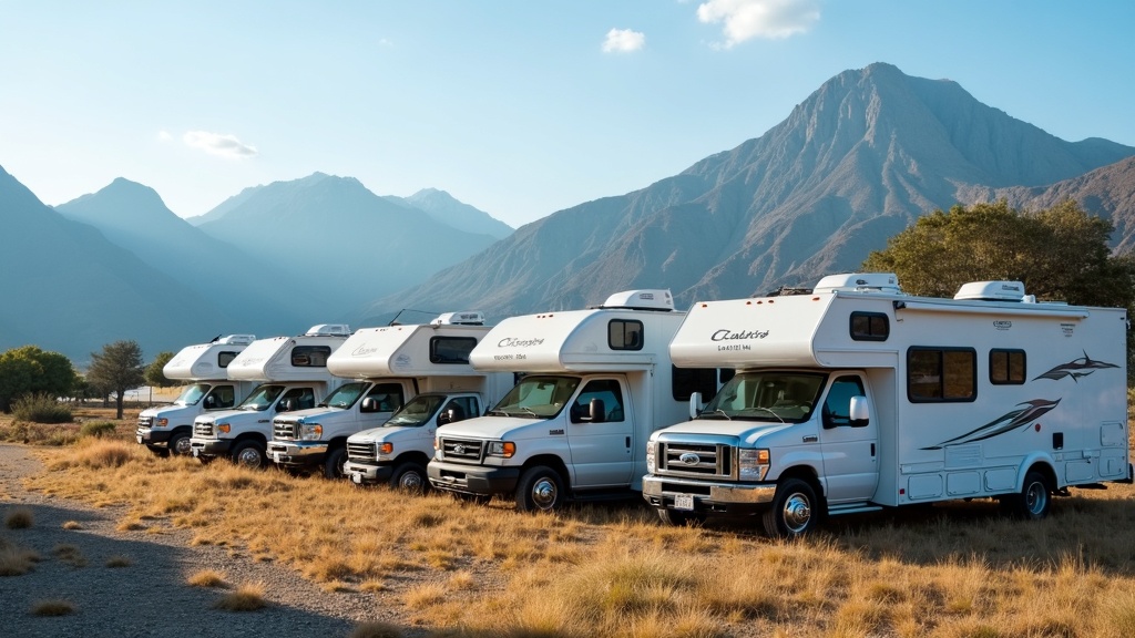 A row of different types of RVs parked in a scenic outdoor lot with a mountain background