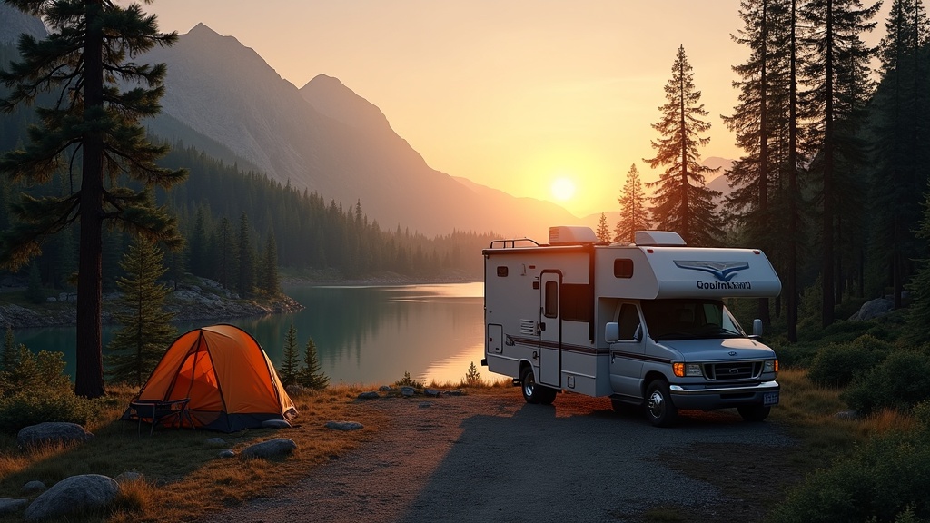 A scenic RV campsite with mountains and a lake in the background.