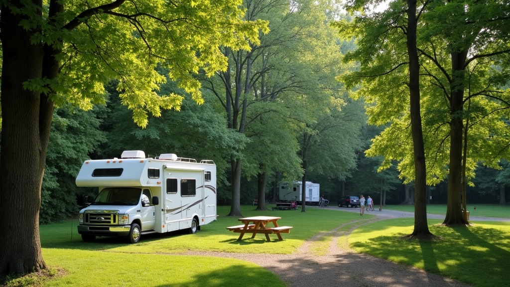 A spacious RV campsite surrounded by trees and a picnic table beside the motorhome
