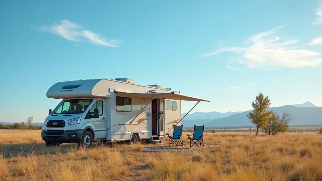 An RV owner setting up solar panels and lawn chairs at a long-term campsite with open blue sky