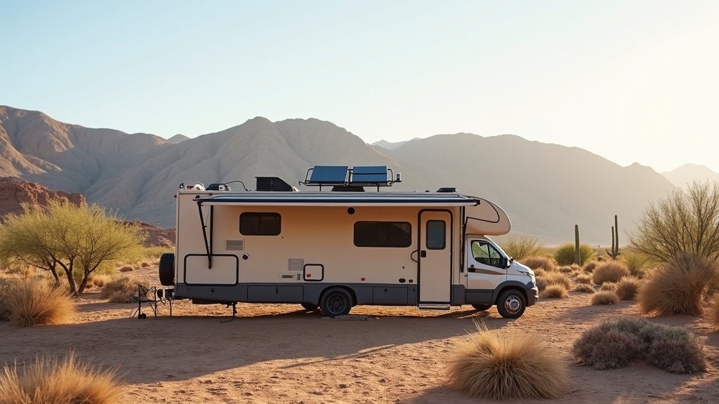 An RV parked beside a mountain lake in the early morning light.