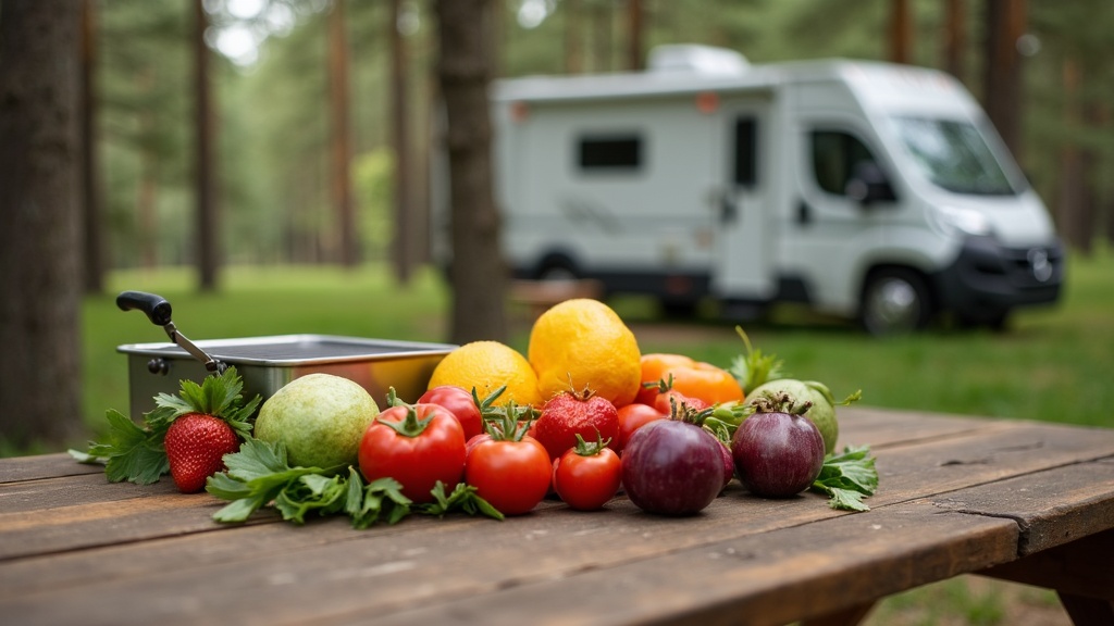 Campsite picnic table set with fresh veggies and a small grill, pine trees in background